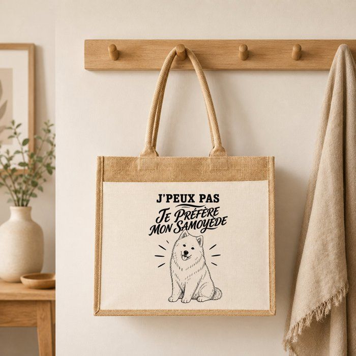 Sac Cabas Jute avec Poche J’peux pas je préfère mon Samoyède J'peux pas minimaliste | Toile de Jute et Coton 21 L Fond Plat Anses
