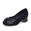 Round Head Shallow Mouth Single Shoes High Heels Women's Spring and Autumn New Black Sheepskin Rhinestone Bow Thick Heel