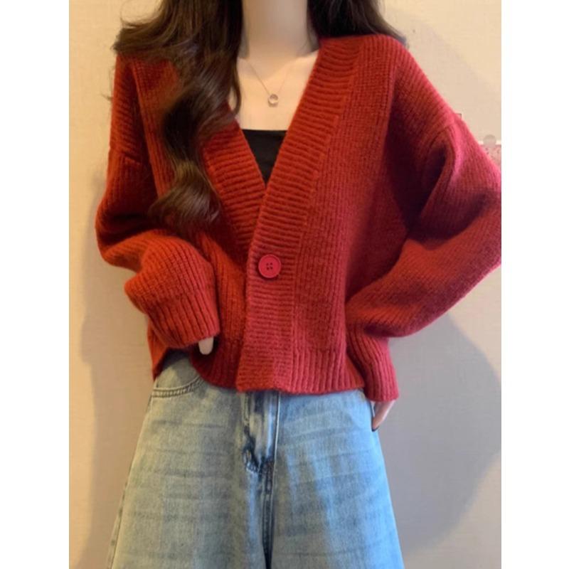 V-neck Fashion Women One Button Cardigan Short Sweater Autumn /Winter Long Sleeve Knitted Jackets Solid Color Elegant Loose Office Basic Casual Coats