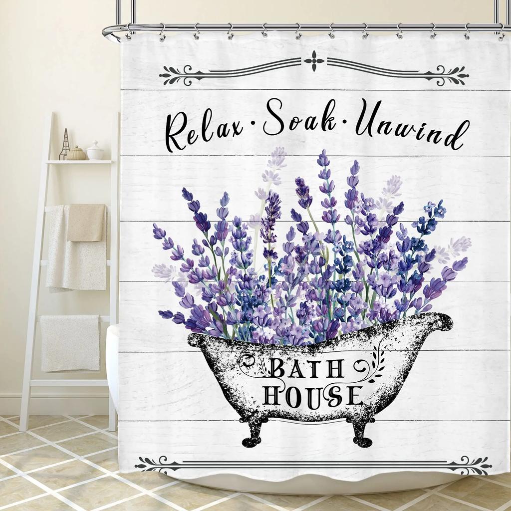 Лавандовая занавеска для душа с крючками, водонепроницаемая полиэфирная ткань, фиолетовая цветочная занавеска для ванной комнаты, ванная комната, ванна