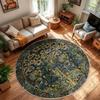 Dark Blue Cute White Cat Floral Round Rug Non Slip Washable Mat For Kids Bedroom