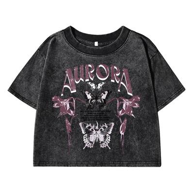 Красивые женские выстиранные футболки с коротким рукавом с принтом бабочек, летняя футболка, состаренные футболки с круглым вырезом, мягкие топы, открывающие живот