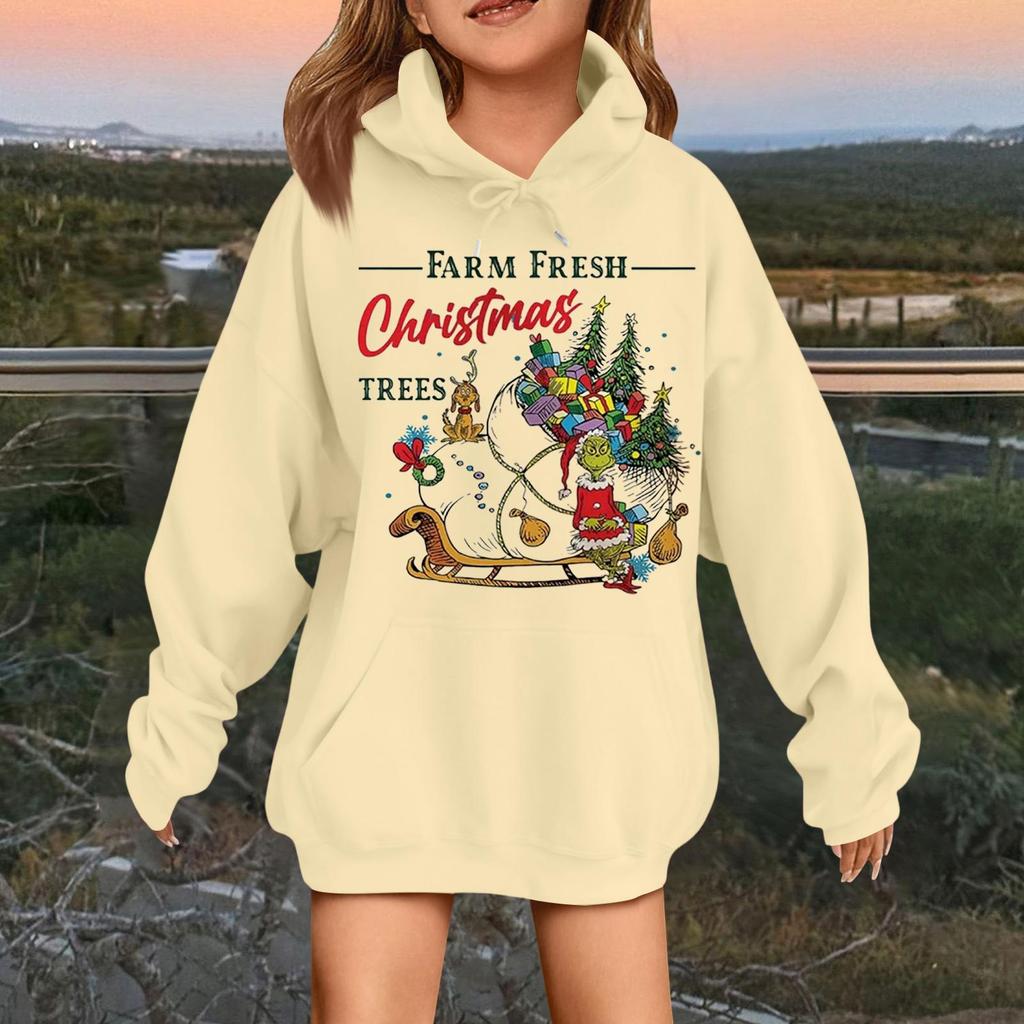 Детская модная повседневная толстовка с капюшоном свободного кроя с длинными рукавами и рождественским принтом