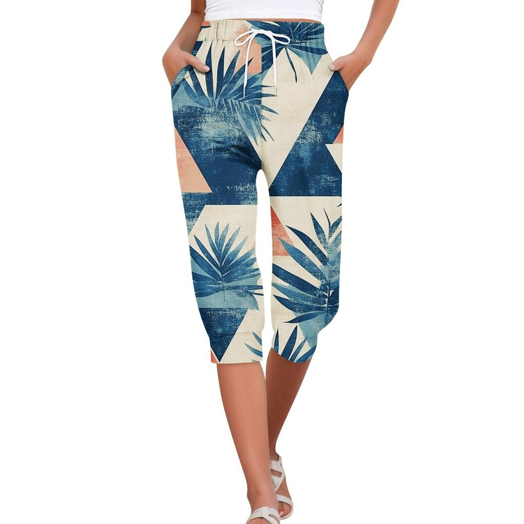 Женские летние повседневные свободные укороченные брюки с гавайским принтом и карманами