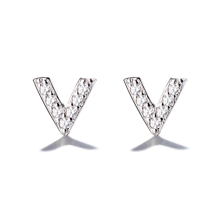 Korean Version Simple Diamond V-shaped Stud Earrings Super Flash Geometric Letter Temperament Earrings Ins Student Girlfriend Gift