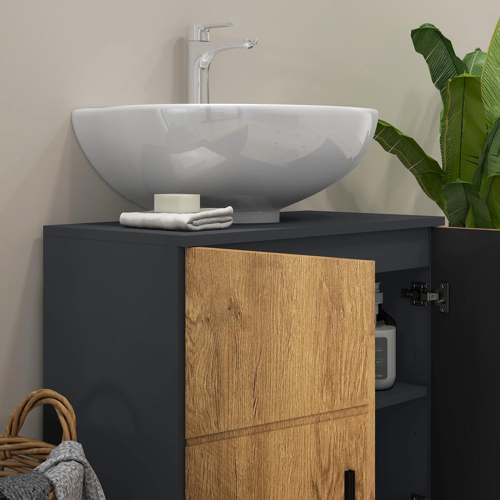 Under-Sink Cabinet Washbasin Bathroom Cabinet 2 Doors with Shelf 60 x 30 x 60 cm Anthracite Grey and Wood Look