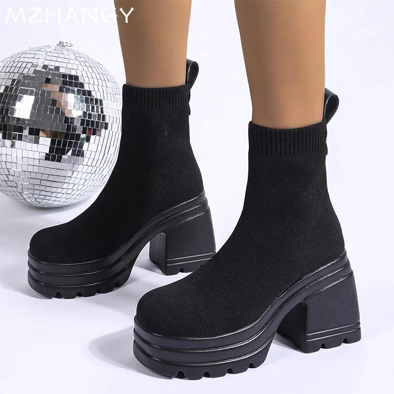 Platform Women Sock Ankle Boots High Heels Knitting Elegant Shoes Woman 2025 Trend Fashion Cozy Dress Ankle Boots Mujer Botas