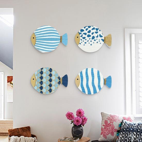 4Pcs/Set Wooden Fish Wall Decoration Farmhouse Rustic Nautical Fish Wall Art Sculpture Home Living Room Bathroom Wall Decorative Sign