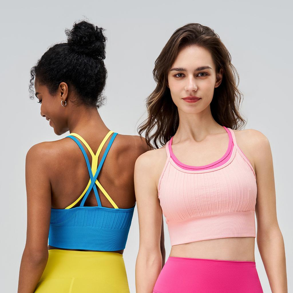 Women's Color Blocked Shockproof Sports Bra One Piece Summer Yoga Running Fitness Cross Back Vest