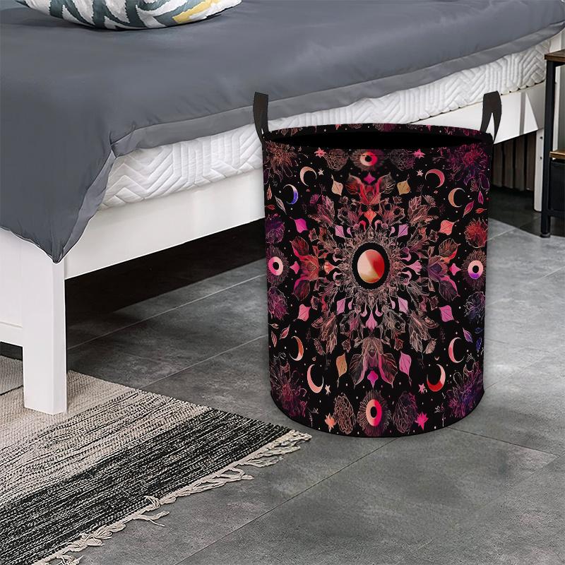 2D Flat PrintingMysterious Halloween Flower Pattern Foldable Dirty Clothes Basket, Mysterious Halloween Flower Pattern High-Quality, Foldable, Round O
