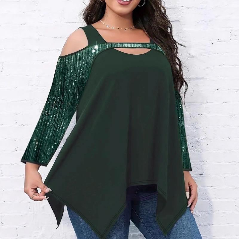 Весна Осень Уличный Стиль Ажурная Футболка с Пайетками Необычного Кроя Женская С Длинным Рукавом С Открытыми Плечами Пуловер Футболка Топ