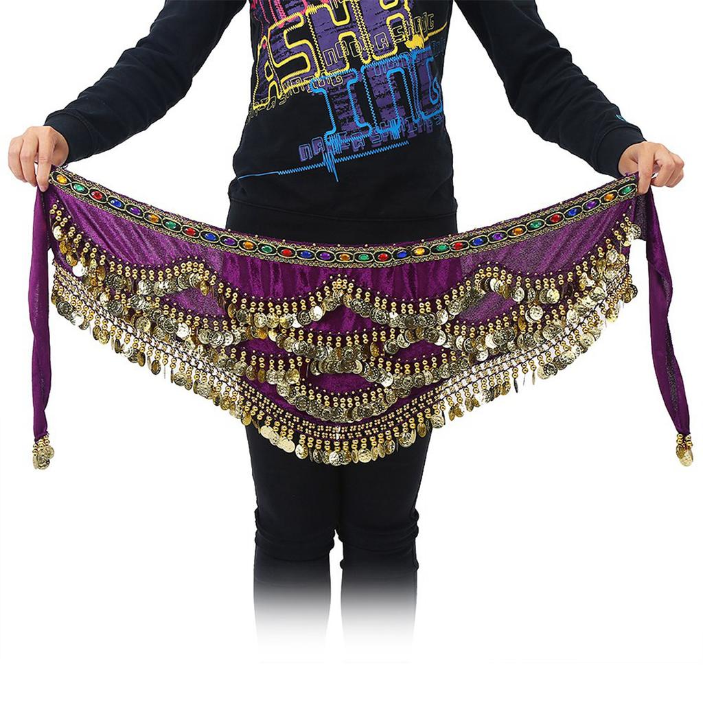 Belly Dancing Hip Scarf Wrap Skirt Waist Belt with Artificial Coin Tassel Dark Purple