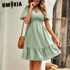 Women's Fashion Summer Spring Solid Color Print Short Sleeve V-Neck High Waist Casual Dresses