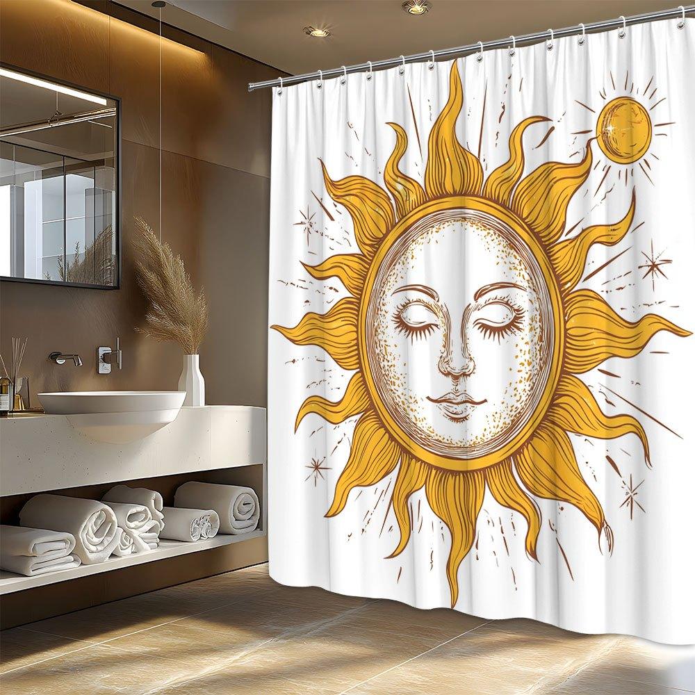 1pc Celestial Sun & Moon Shower Curtain - Feminine Art, Wavy Rays & Warm Yellow,  All-Season Decor