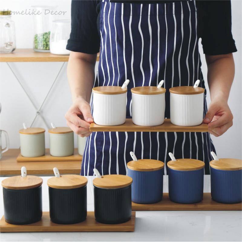 Керамическая банка для хранения приправ, соли, сахара, специй, перца с бамбуковой крышкой, поддон для 3 баночек для приправ с ложками