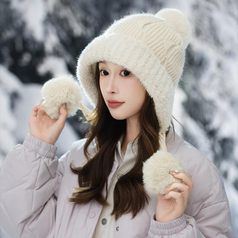 Осенне-зимняя шапка женская милая с помпоном, плюшевая из кроличьего пуха, теплая, модная, с защитой ушей, шерстяная шапка