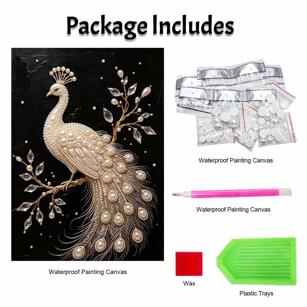 White peacock pearl painting kit features 5D pearls and a mosaic art style. designed for elegant home wall decoration.
