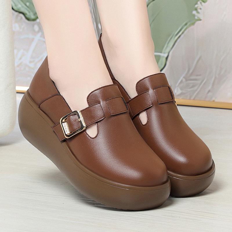 Spring Autumn New Fashion Casual Popular High Soft Bottom Leather Women's Round Toe Wedge Thick Sole Anti-slip Single Shoes