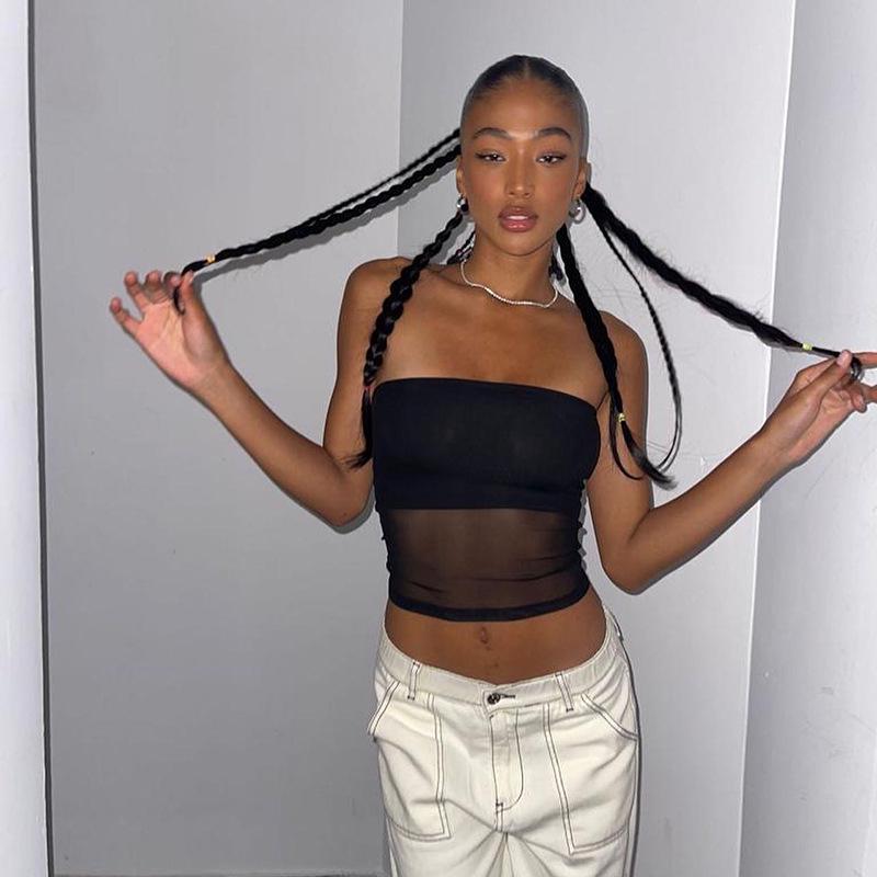 European American Bandeau Mesh Crop Top Sexy Summer Offshoulder Slim Fit