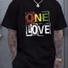 Unique One Love Letter Print Short Sleeve T-Shirt Comfy Slight Stretch Crew Neck Geometric Perfect for Casual Activities