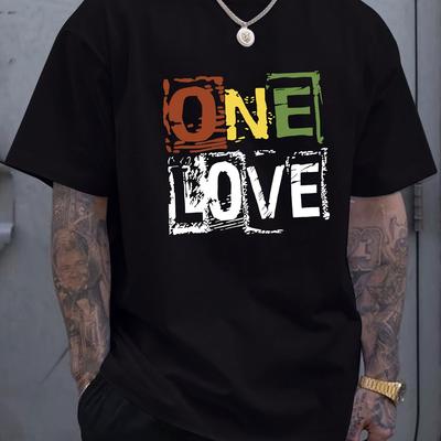 Уникальная футболка с принтом 'One Love', короткий рукав, удобная, слегка тянущаяся, с круглым вырезом, геометрическим узором. Идеально подходит для повседневной носки.