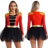 Women Sequins Circus Ringmaster Cosplay Costume Long Sleeve Fringed Shoulder Tulle Leotard Dress Halloween Dress Up Costume