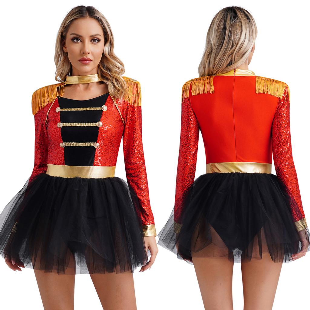 Women Sequins Circus Ringmaster Cosplay Costume Long Sleeve Fringed Shoulder Tulle Leotard Dress Halloween Dress Up Costume