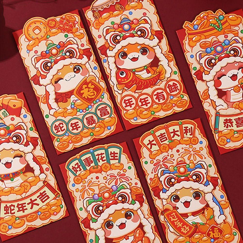 6pcs Traditional 2025 Snake Year Red Envelopes Cartoon Lucky Money Bag Graduation