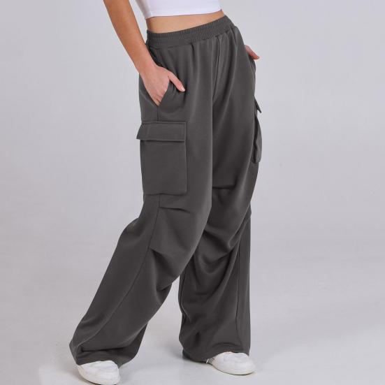 Women Cargo Pants Elastic Waist Mid-rise Straight Wide Leg Sweatpants with Multi Pockets Solid Color Casual Jogging Pants Loose Lounge Pants