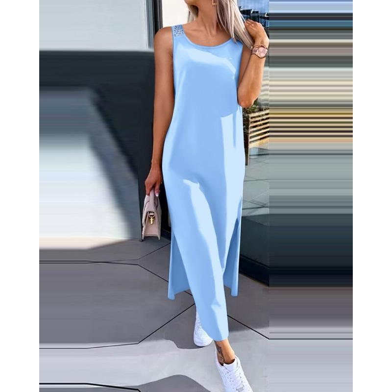 VEZFAA Женская мода лето весна однотонный принт без рукавов с круглым вырезом повседневные платья