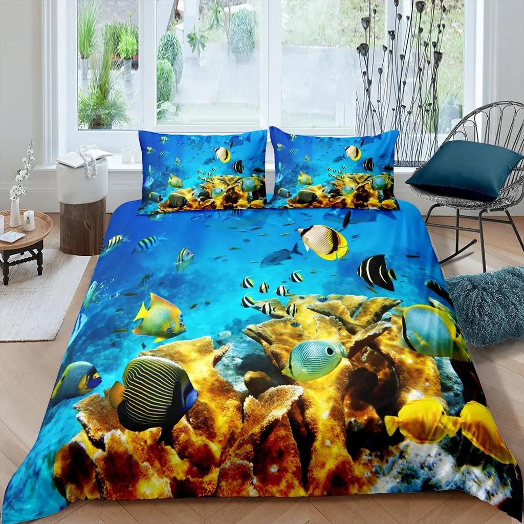 2/3pcs Fish Duvet Cover Set Ocean Bedding Sets 3D Printed Underwater World With Shark Dolphin Coral Reef Pattern Quilt Cover Set
