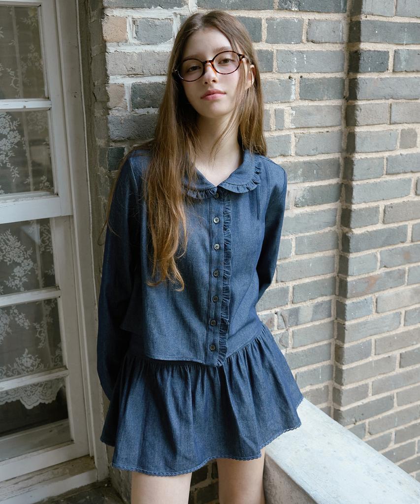Letter From Moon Poi Lace Denim Skirt (Dark Blue)