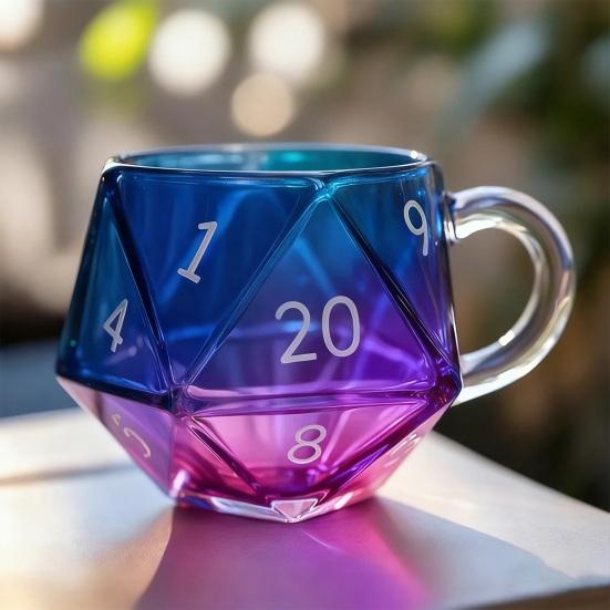 Rainbow D20 Dice Mug with Handle Colorful Polyhedral Glass Coffee Cup for Gamers Unique Gift for Tabletop RPG Fantasy Enthusiasts