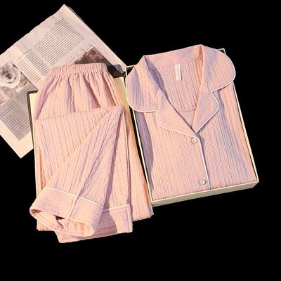 Простой повседневный весенний женский пижамный комплект с длинным рукавом и штанами на резинке на талии, пижамный комплект из однотонной модной ткани