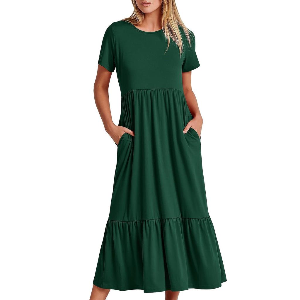 Women's Summer Casual Short Sleeve Crewneck Swing Dress Flowy Tiered Maxi Beach Dress With Pockets