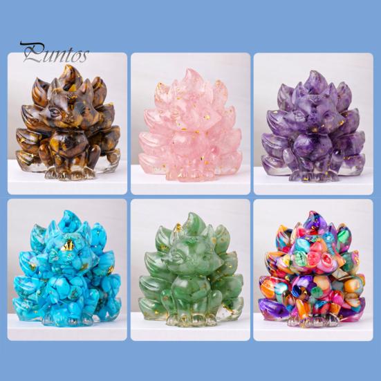 Статуэтка из натурального камня в виде девятихвостой лисы, позитивная целебная энергия, вырезанная вручную из цветного искусственного кристалла, сидящая статуя животного для домашнего офиса и рабочего стола