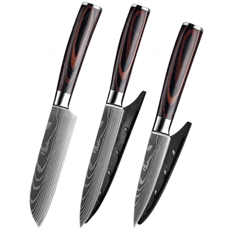 3pcs Stainless Steel Multi-purpose Knife Extremely Thin Sharp Fruit Knife Santak Carving Knife Color Tree Grain Handle Kitchen Quality Knife Set