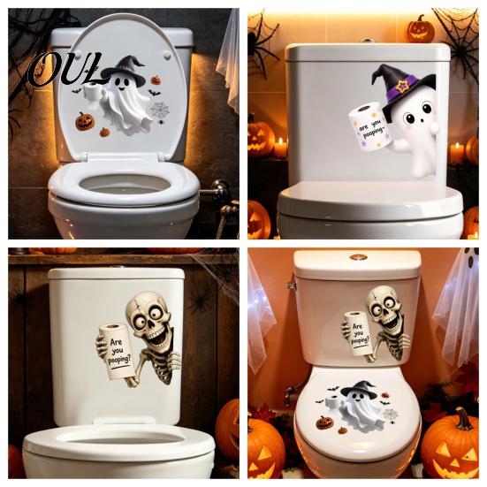 Halloween Party Bathroom Decor Toilet Sticker, Ghost And Skeleton Print Decals, Waterproof PVC Easy Peel Stick Decals Spooky Stickers, for Seats Tiles