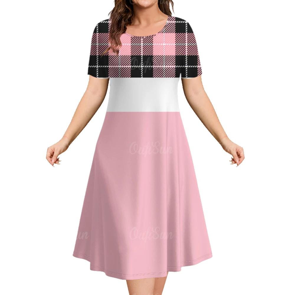 Летние платья для женщин Лоскутные принты Клетчатая одежда Столкновение цветов Вечернее платье Простой короткий рукав пуловер А-силуэт юбка