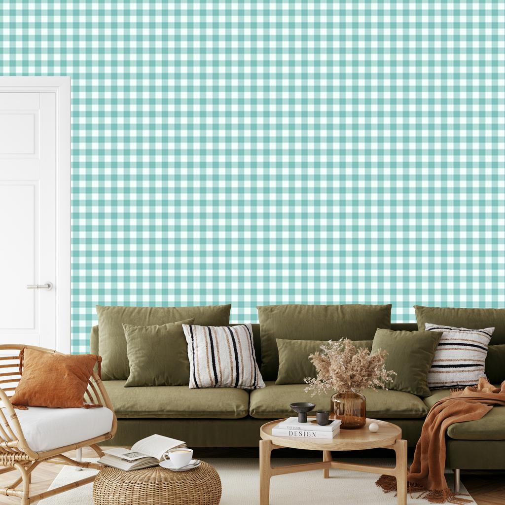 Wallpaper Fabric Pattern Mint, White, Sea Blue and Turquoise 50x1000
