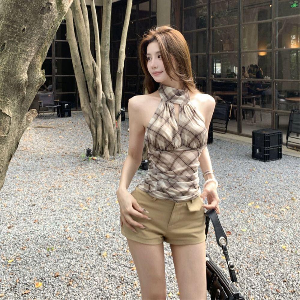 Pleated Halter Sleeveless Camisole Plaid Stripe Suspender Vest Sweet Slim Crop Tops  Women Girl