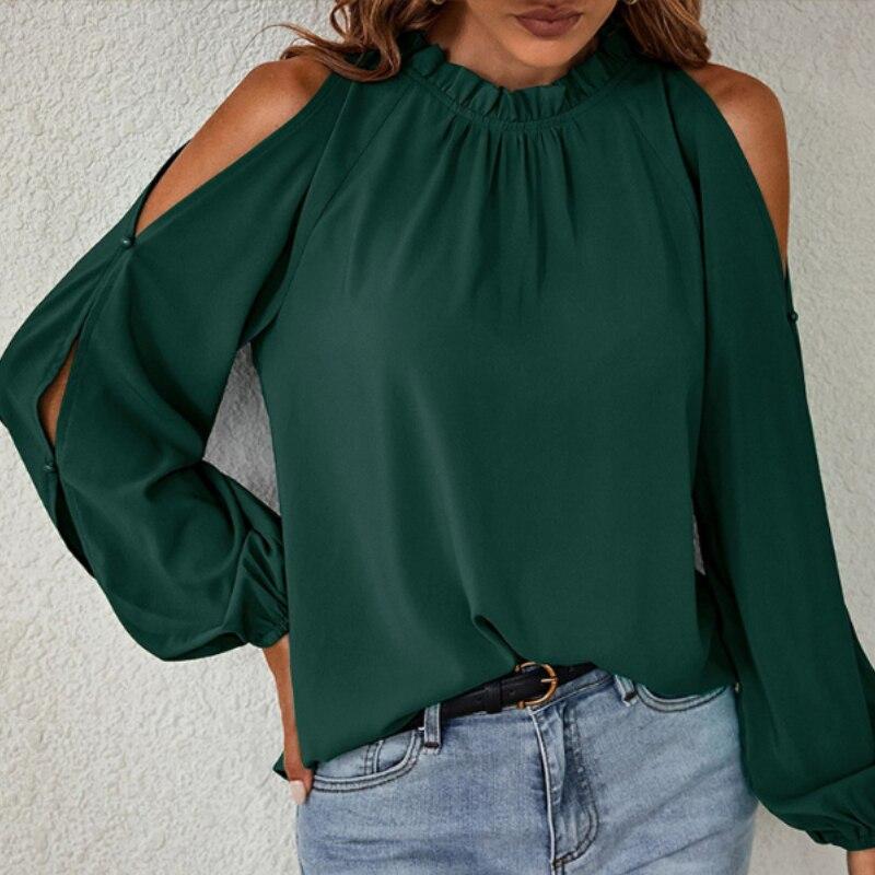 Long Sleeve Women Chiffon Blouse Off Shoulder Stand Collar Fashion Green Lady Tops Ruffle Casual Shirts Womens Clothing 24406