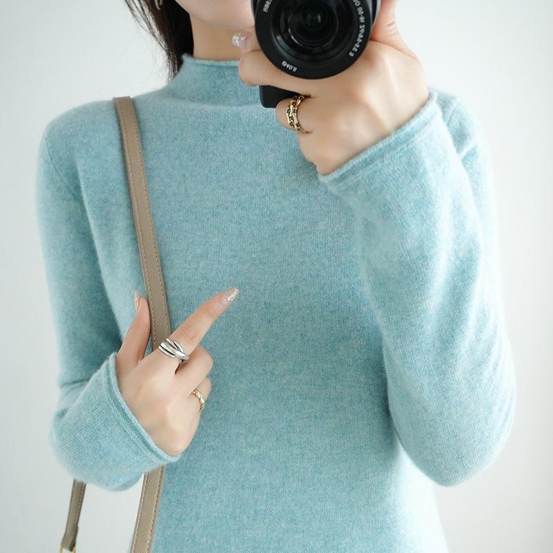 Осенне-зимний женский свитер из чистой шерсти, пуловер с полувысоким закругленным краем, свитер с длинными рукавами, тонкий трикотаж