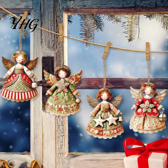 Indoor Party Ornament Set 6Pcs Vintage Angel Wooden Ornaments, Christmas Hanging Decor Interior Door Frame Decorations with Jute String, Rustic
