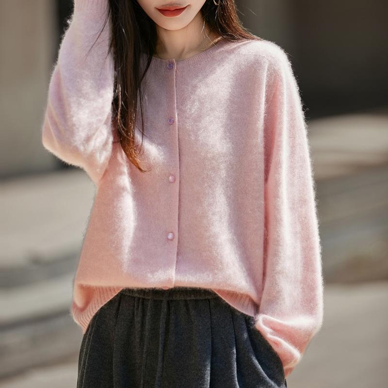 Women's Korean-Style Brushed Wool Cardigan - Round Neck, Chic Knit Outerwear Sweater, New for 2025.