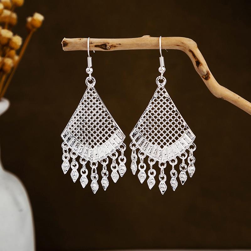 Bohemian Long Leaf Tassel Earrings - Imitation Silver, Miao Ethnic Style