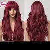 Long Wavy Burgundy Dark Red Synthetic Hair Wigs with Fluffy Bangs for Women Wine Red Body Wave Halloween Cosplay Natural Wig