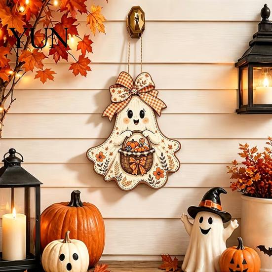 Cute Ghost Gift for Home Bow Hanging Sign, Rustic Retro Floral Door Sign with Pumpkin Halloween Party Background Decor Basket, Vintage Wooden Pendant