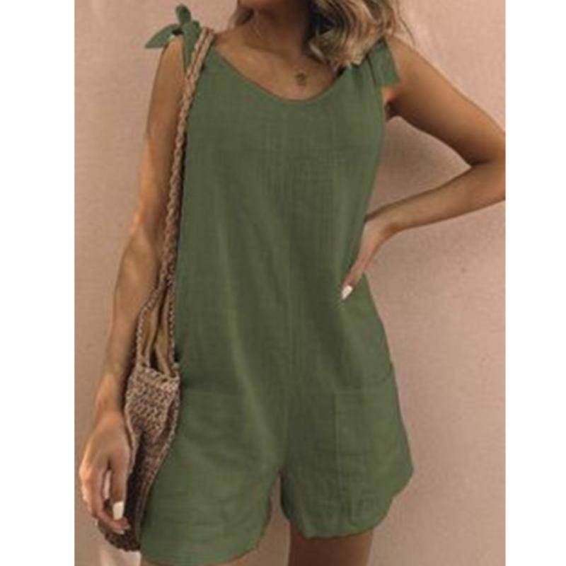 Summer Women's Solid Color Cotton and Linen Patch Pockets Loose Casual Jumpsuit Shorts Suspenders Overalls Bib Pants Sleeveless Jumpsuit