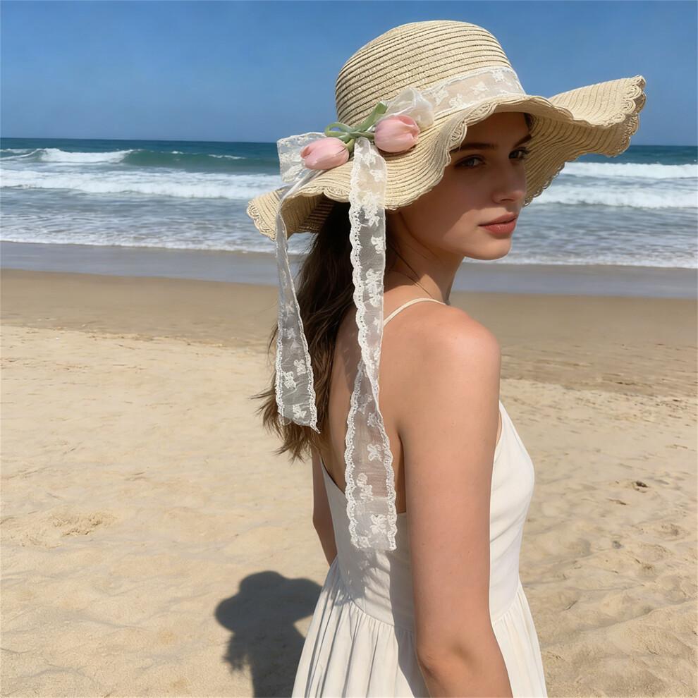 (One Size, Yellow) Women's Straw Sun Hat Breathable Stylish Decorative Tulip Lace Band Wide Brim Beach Hat